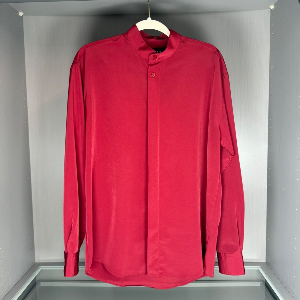 Lineage Mens Red Mandarin Collar Button Down Shirt Size M Relaxed Fit Polyester